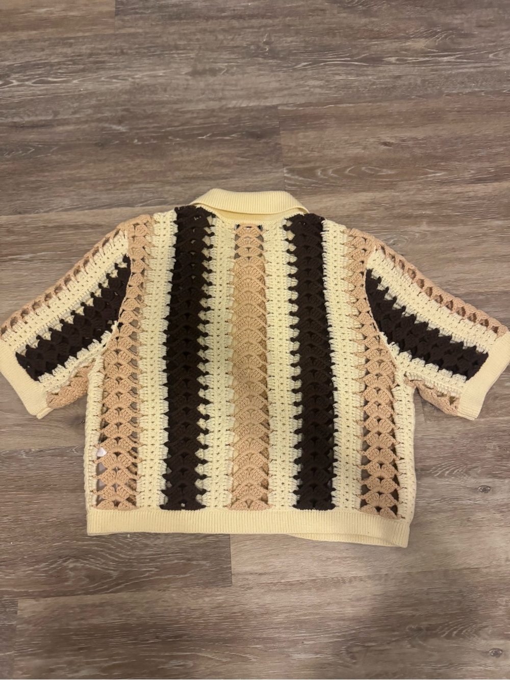 Reiss Crochet Knit Striped Collared Cardigan Cream Brown Beige Size M - Picture 7 of 11